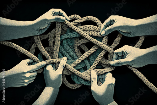 People working together to untangle a knotted rope. Generative ai photo