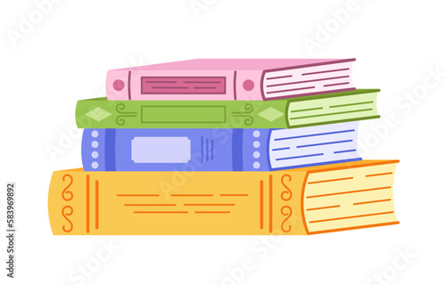 Stack of books with different colorful spine. Hand drown books elements isolated on white background.