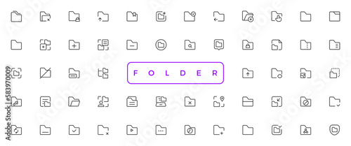 Folders flat line icons set. File catalog, document search, folder synchronization, local network vector illustrations. Outline minimal signs for web site