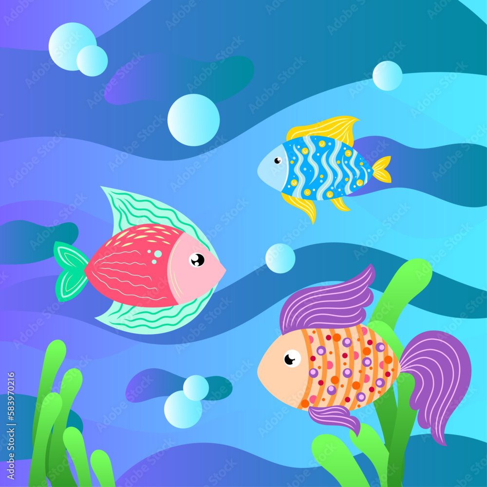 Fototapeta premium three colorful fish in the sea or ocean with bubbles and algae on the waves flat style