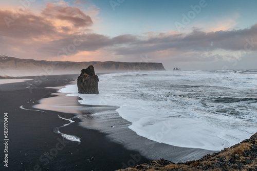 Reynisfjara beach in south Iceland at sunset.