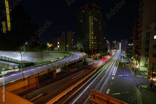 A night traffic jam at Yamate avenue in Tokyo wide shot