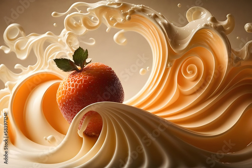 Strawberry in a milk splash. Fruits in milk splash. Fractal waves. Abstract background. Food design. Generative AI technology.. Generative AI technology. photo