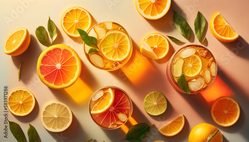 Summer orange cocktails with fresh citrus fruits. Hard seltzer, lemonade, refreshing drinks, low alcohol mocktails, summer party concept. Trendy shadow and sunlight. Flat lay, top view, copy space