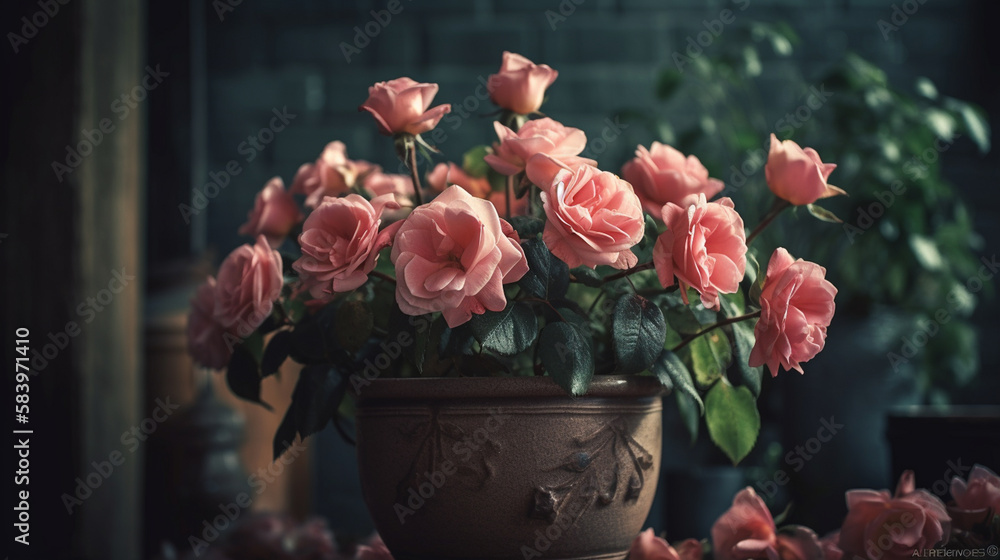 Pink roses in a vase on the windowsill. .generative ai Pink roses in a vase on the windowsill. .generative ai