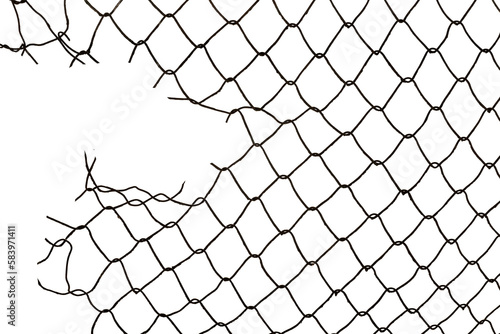 The texture of the metal mesh on a white background. Torn steel  metal mesh with holes