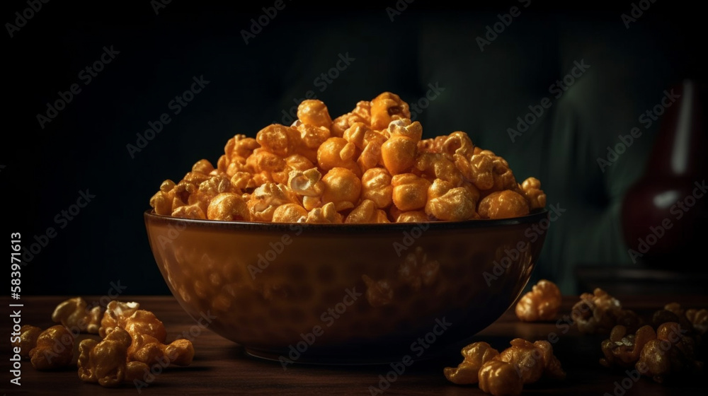 Popcorn in a bowl on a wooden background.generative ai Popcorn in a bowl on a wooden background.generative ai