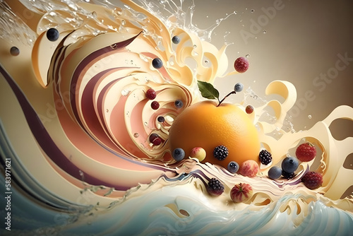 Fruits in milk splash. Fractal waves. Abstract background. Food design. Generative AI technology.. Generative AI technology. photo