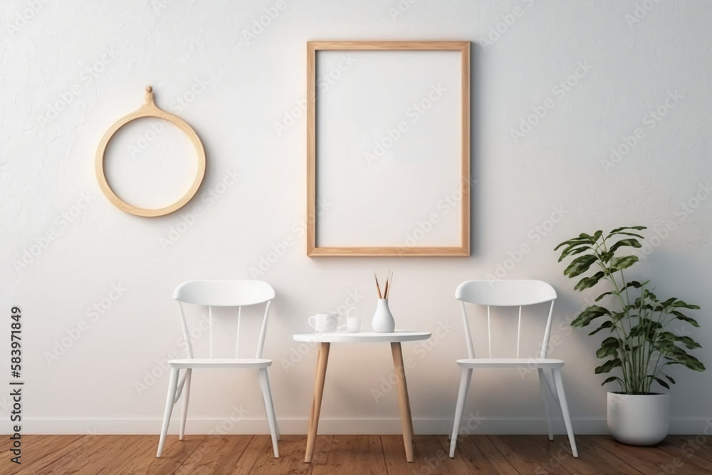 Mock-up empty poster frame close-up interior, American style, 3d render Mock-up empty poster frame close-up interior, American style, 3d render