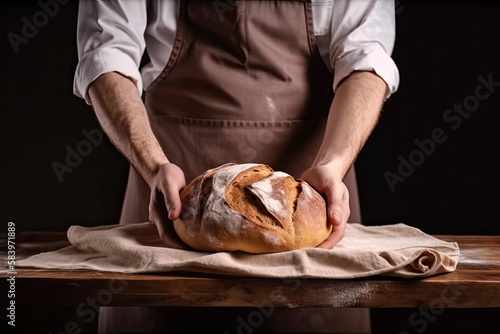 Baker holding fresh baked bread. Chef holding bread after baking. Concept of cooking. Generative AI