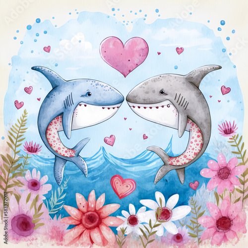 Valentine Day Watercolor animals, flowers and hearts love couple. Generative AI. photo