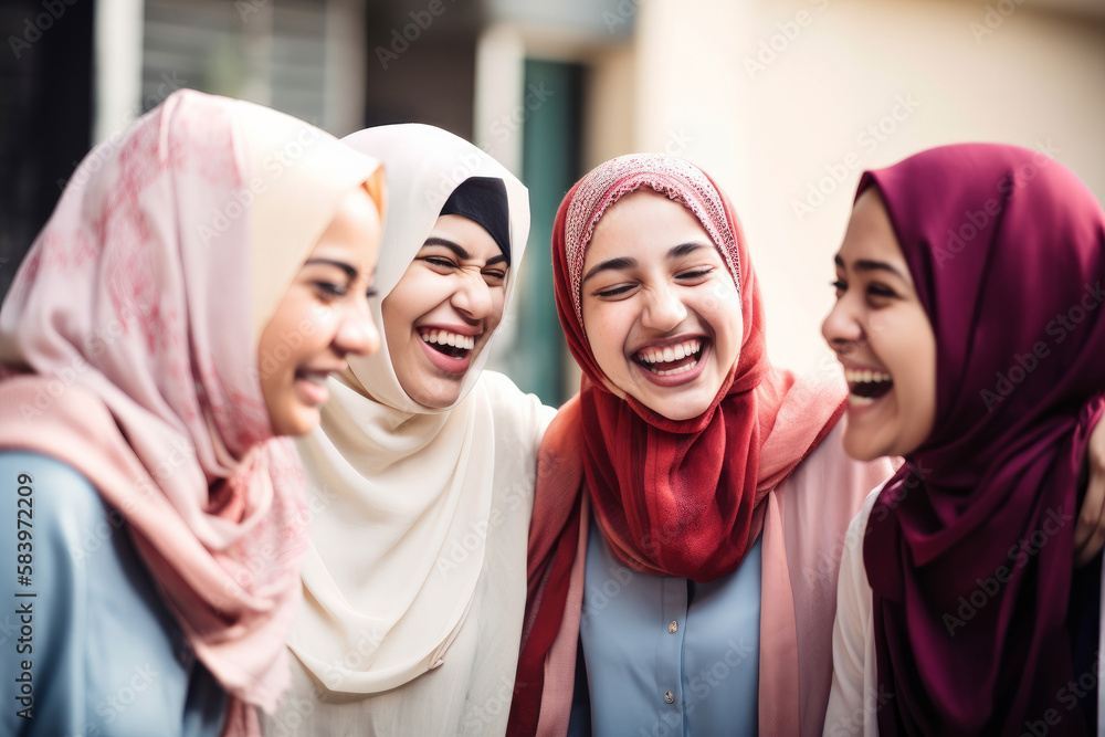 A group of young muslim women wearing headscarves having fun together. Generative ai