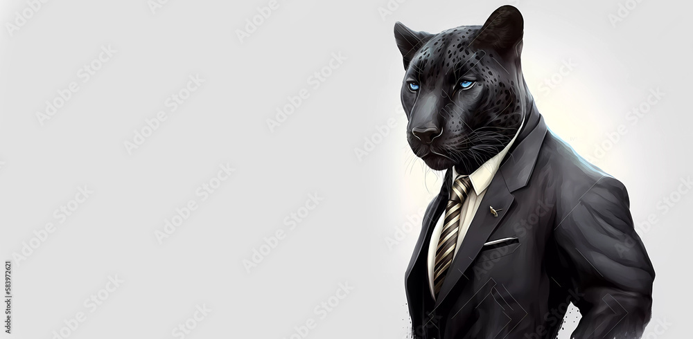 Black panther in a suit on a light background. AI generated