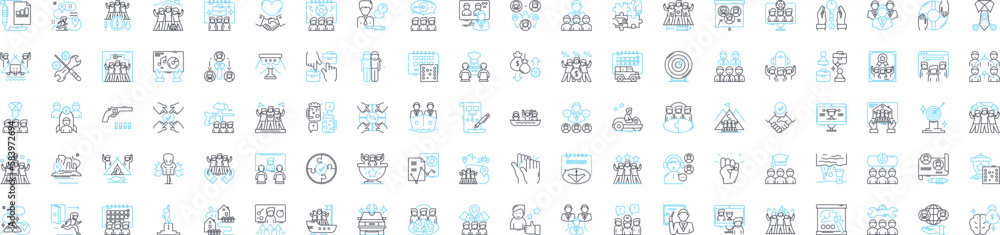 Team building vector line icons set. Collaborate, Networking, Engage, Unify, Interaction, Connect, Solidify illustration outline concept symbols and signs