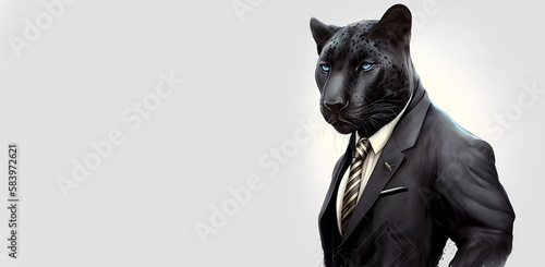 Black panther in a suit on a light background. AI generated