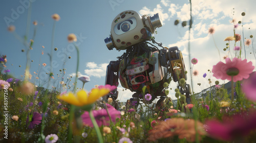 Robotic Bloom: A Cute Bot Collecting Flowers, AI Generated