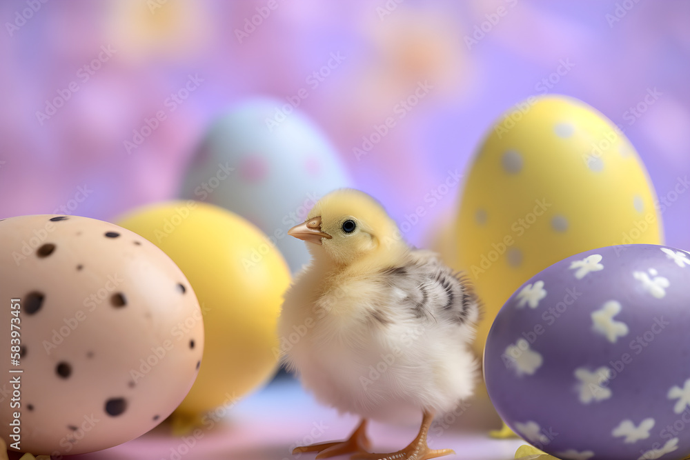 Luminous Colored Easter Eggs and Cute Baby Chicken with Blurred Background.