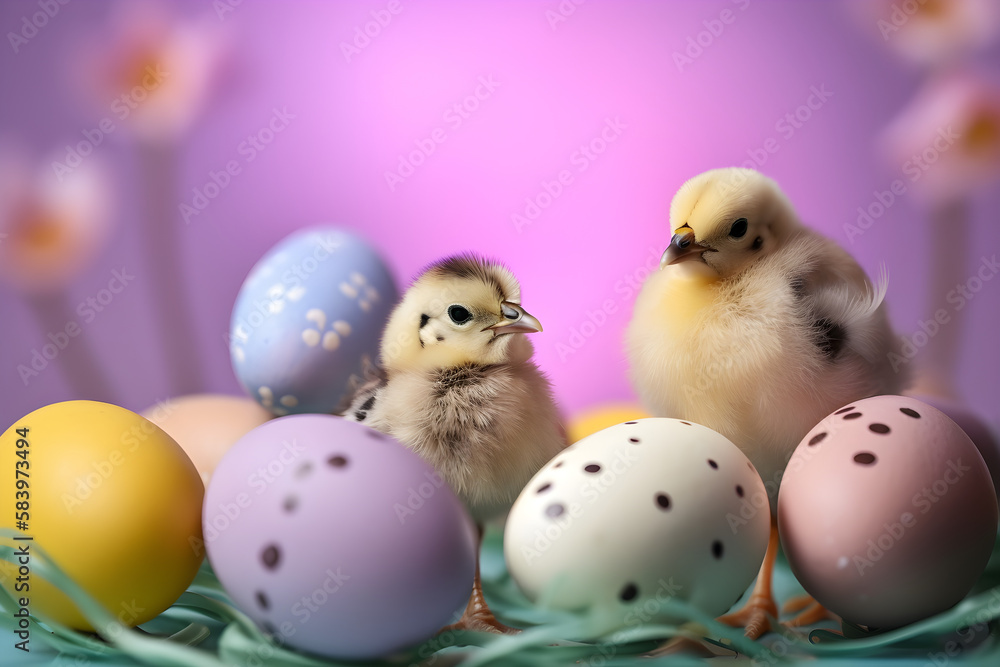 Luminous Colored Easter Eggs and Cute Baby Chickens with Blurred Background.