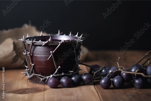 A cup of grape juice with wooden cross and metal Barbed Wire made like the crown of thorns of Jesus on wooden background, Christian concept, Easter background with copy space. Generative AI