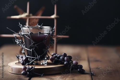 A cup of grape juice with wooden cross and metal Barbed Wire made like the crown of thorns of Jesus on wooden background, Christian concept, Easter background with copy space. Generative AI © Create image