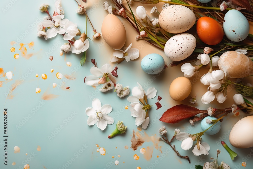 Easter background with Easter eggs and spring flowers Top view with copy space. Generative AI