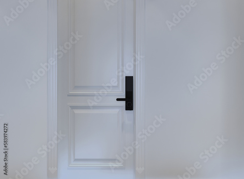 Black digital door locking on white door. door with a keyhole