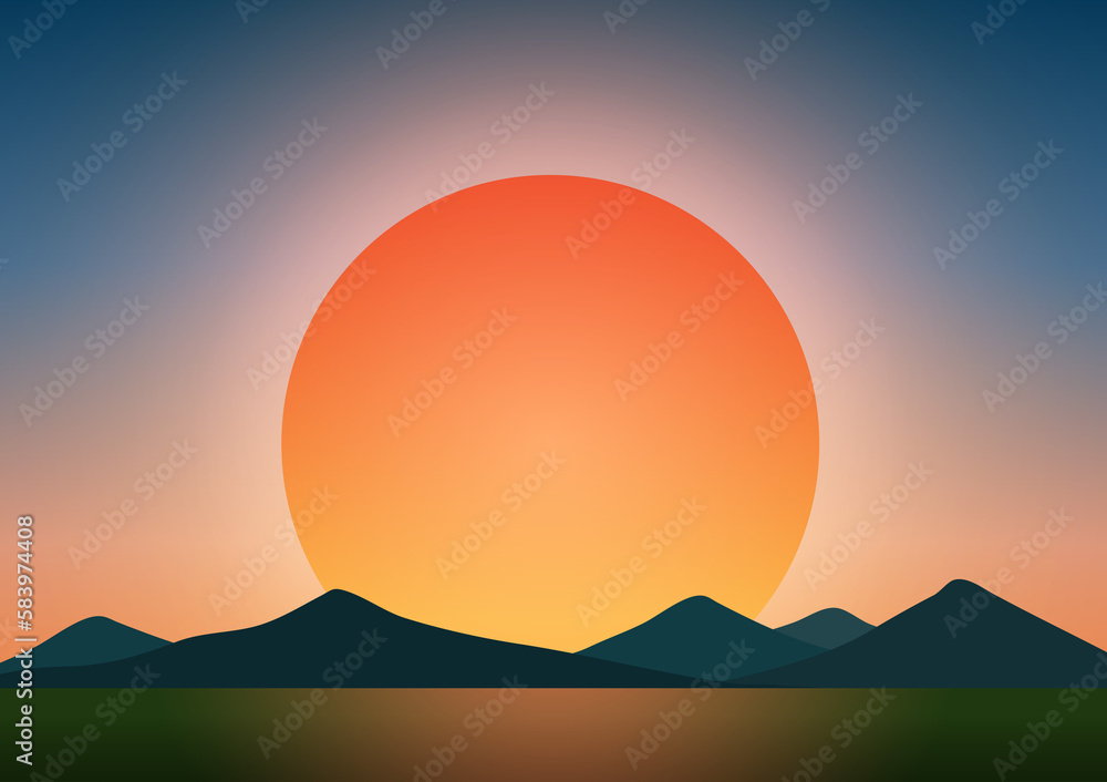 Sunset or Sunrise  Background with Beautiful Mountain Landscape. Vector Illustration.