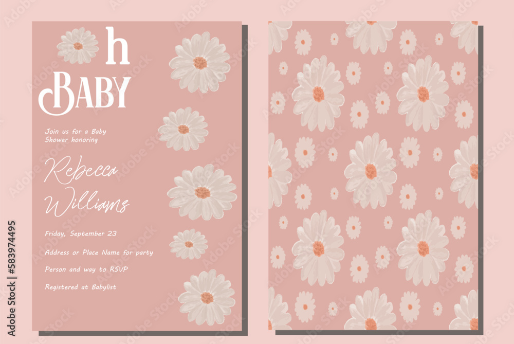 Oh Baby Girl Pink Retro themed  Daisy Floral Baby Shower Invitation with Background. Also great for a birthday party, signs and thank you cards