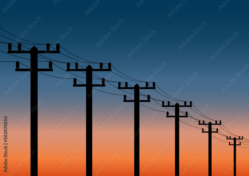 Electric pole in the city against Sunset. Electric pylons. Electric Power Transmission. High Voltage Pylon. Vector Illustration.