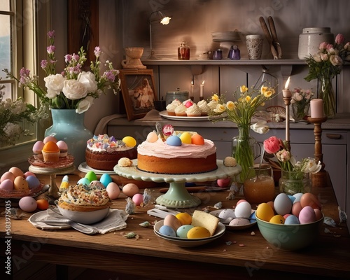 easter cake with eggs and flowers