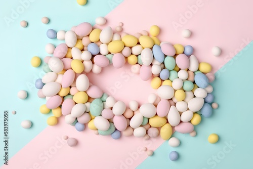 Easter decor concept Flat lay photo of white circle easter bunny ears yellow blue white and green eggs sprinkles on pastel pink background with blank space. Generative AI