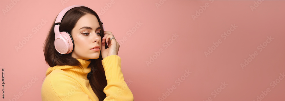 Beautiful young brunette woman in big headphones headset listening to music and smiling. Wide banner with copy space generative ai Beautiful young brunette woman in big headphones headset listening to music and smiling. Wide banner with copy space generative ai