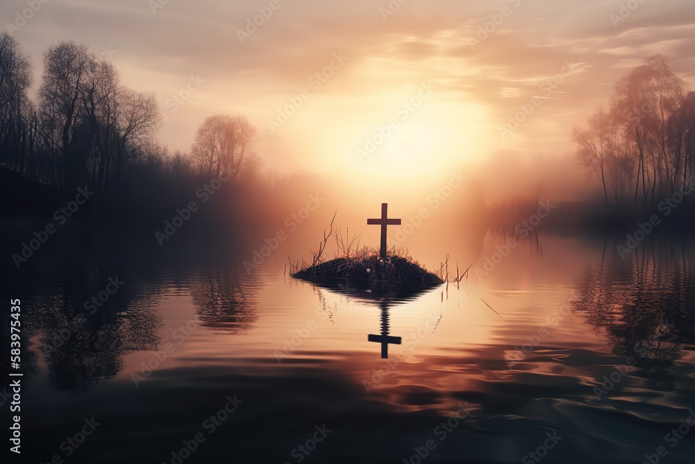 Beautiful photo illustration of an Easter morning sunrise with a cross and burial fabric by a calm lake The warm light almost announces Jesus's rising from the dead. Generative AI Beautiful photo illustration of an Easter morning sunrise with a cross and burial fabric by a calm lake The warm light almost announces Jesus's rising from the dead. Generative AI