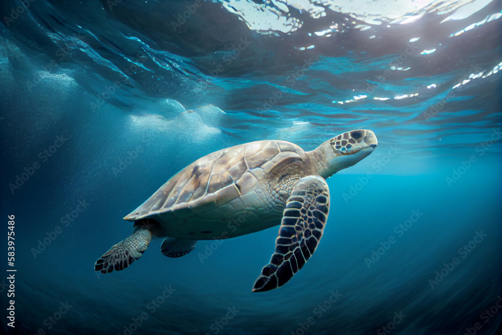 Obraz premium Graceful Sea Turtle Swimming in Clear Blue Waters. AI Generated