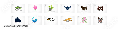 Logo set - turtle, rose, spa, viking, pegasus, bear, fishing, crow, raven, eagle, leopard, flower bouquet, cow.