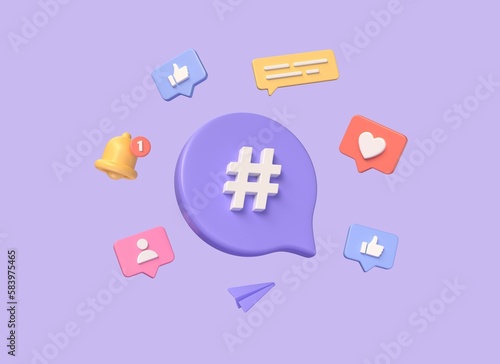 3d hashtag icon, search symbol on notification icon, bell, heart, thumbs up. the concept of communication in social networks. digital marketing. illustration on purple background. 3d rendering