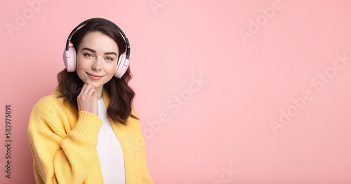 Beautiful young brunette woman in big headphones headset listening to music and smiling. Wide banner with copy space generative ai