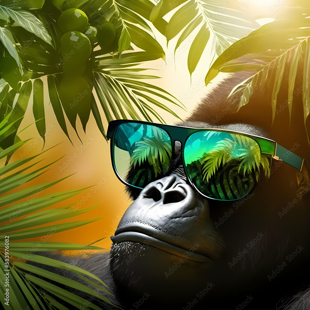 Gorilla At Beach Wearing Eye Glasses. Generative AI