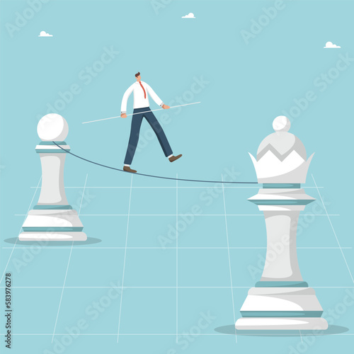 Find a trump card or key to achieve goals, business planning strategy for business development, achieve high results, move up the career ladder, a man walks a tightrope from a pawn to a chess queen.