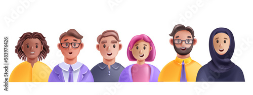 3D profile people avatar icon set, vector men woman happy face young male female cartoon character. Office diverse colleague team smiling freelance workers portrait. 3D people cheerful expression head
