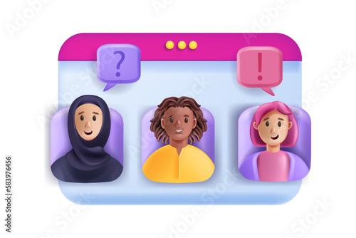 3D virtual meeting, interview conference, online video class concept, vector people avatar, screen. Teamwork webinar, business remote seminar, freelancer profile picture. Cartoon 3D interview office