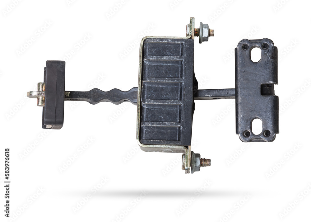 Metal and plastic car spare parts on a white isolated background - door stopper that prevents hard touches of body elements, damage or breakage. Detail of a mechanical assembly. Metal and plastic car spare parts on a white isolated background - door stopper that prevents hard touches of body elements, damage or breakage. Detail of a mechanical assembly.