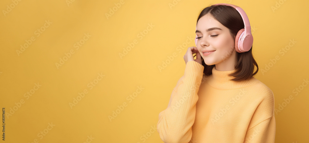 Obraz premium Beautiful young brunette woman in big headphones headset listening to music and smiling. Wide banner with copy space generative ai