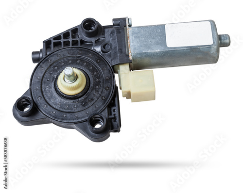 Electric window mechanism motor for a car on a white isolated background. Automotive spare parts catalog.