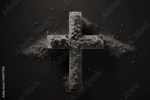 Christian cross, crucifix symbol, sign made in ash, dust Ash Wednesday concept. Generative AI