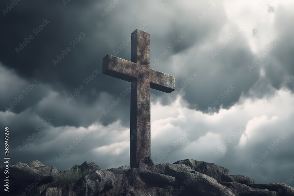 Christian cross on grey cloudy sky background announces Jesus's rising from the dead. Generative AI Christian cross on grey cloudy sky background announces Jesus's rising from the dead. Generative AI
