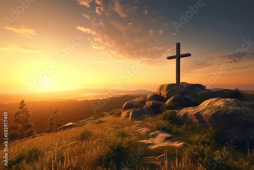 Christian cross on hill outdoors at sunrise Resurrection of Jesus. Generative AI