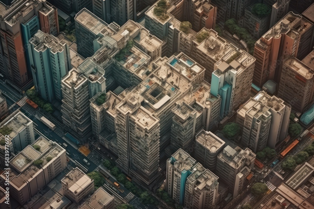 Obraz premium Exploring the concrete jungle: An aerial tour of the urban skyscrapers in the heart of downtown city, generative ai