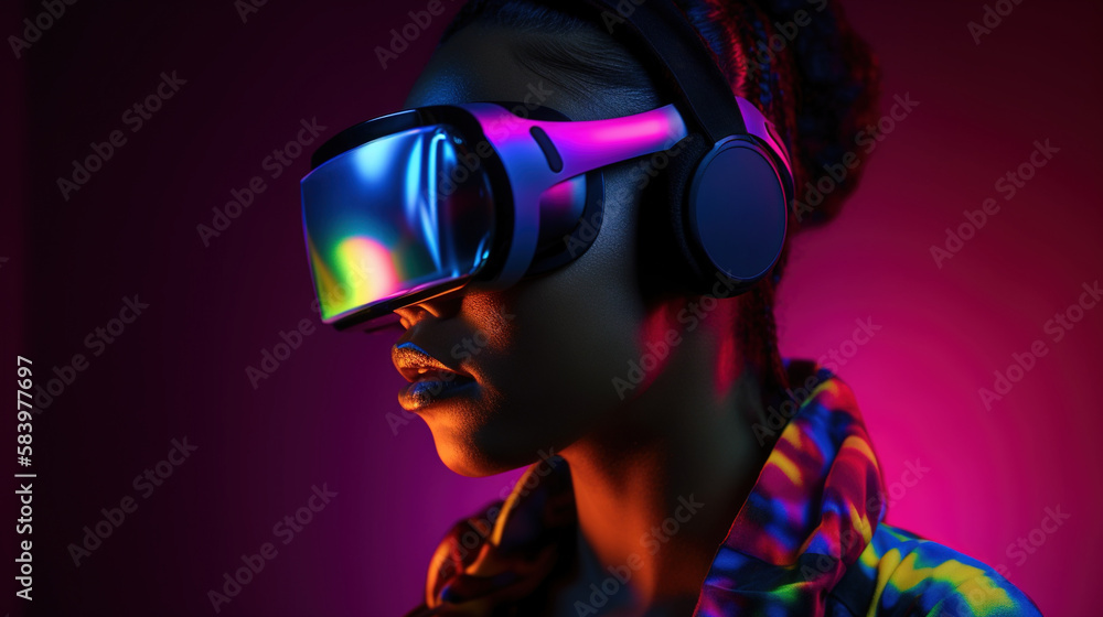 Portrait of African-American woman wearing virtual reality headset. Vivid colors neon glowing HMD generative ai Portrait of African-American woman wearing virtual reality headset. Vivid colors neon glowing HMD generative ai