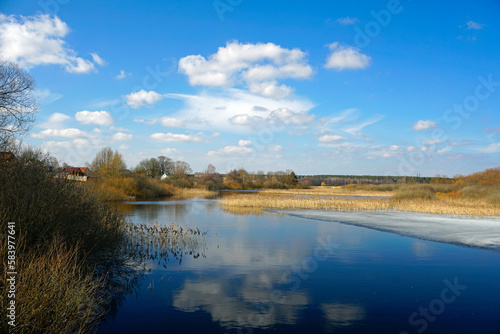 Beautiful spring day on the lake. The last ice reeds along the banks. Village by the water.